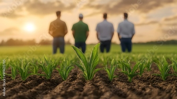 Fototapeta Metadata: Four men standing together in a green grass field, symbolizing growth and teamwork