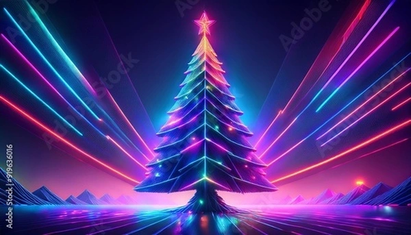 Fototapeta Retro-Futuristic Christmas Tree- Christmas tree in an abstract, futuristic holiday background. Graphic art illustration scene