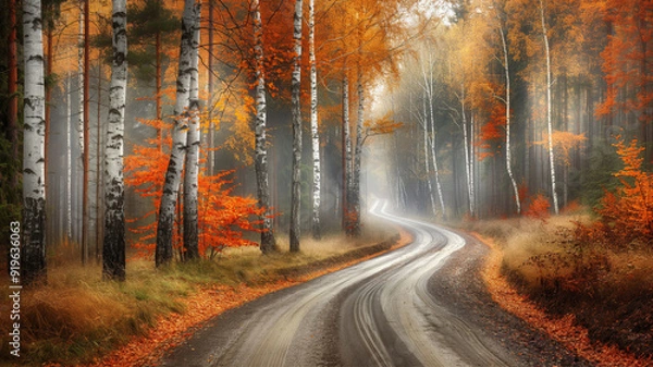 Fototapeta Winding road through birch trees with vivid autumn colors in a foggy forest, symbolizing the beauty and serenity of nature's seasonal change
