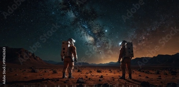 Fototapeta Astronauts standing on mars planet terrain under night starry sky with the Milky Way. Space manned mission on red planet. Futuristic exploration and planet colonization concept, adventure