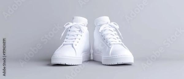 Fototapeta  A pair of white sneakers sits atop a gray surface The laces, white and taut, adorn the shoe tops