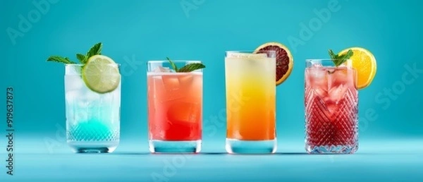 Fototapeta  A blue backdrop showcases a row of distinct drinks aligned in order