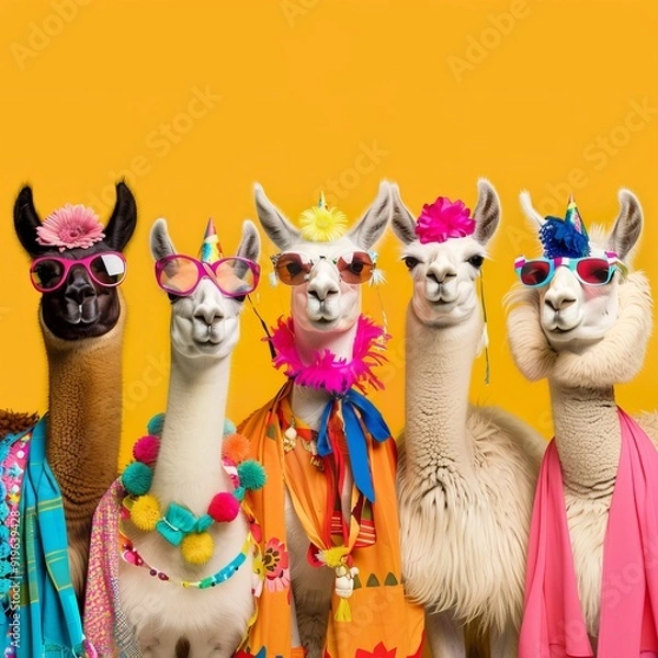 Fototapeta  A cluster of llamas donning sunglasses stand before a sunlit, yellow backdrop