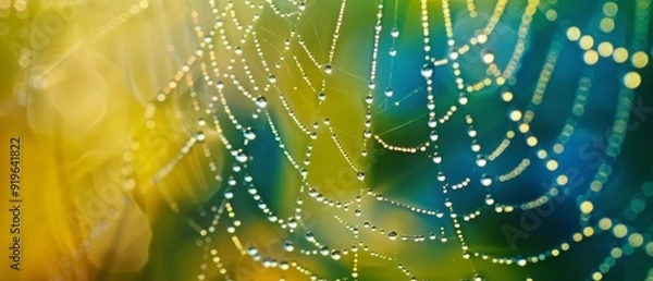 Fototapeta  A close-up of a spider web with dew drops on its threads