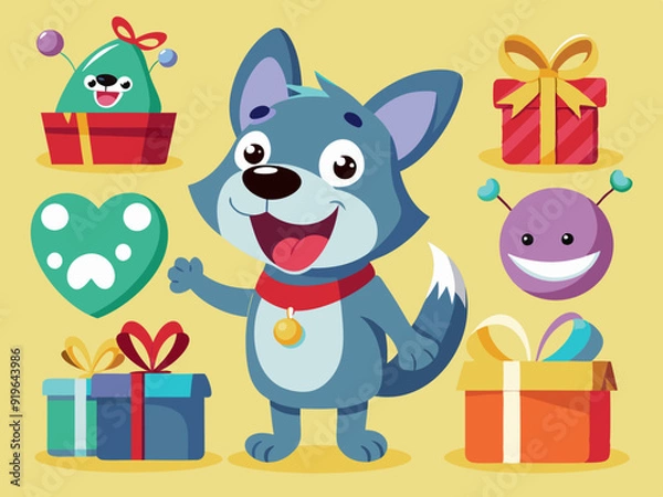 Obraz Dog mascot. Happy pet character, animal winking, puppy celebrating and dogs with different facial expressions, poses and actions cartoon vector set. Playful pet with gift boxes, shopping bags
