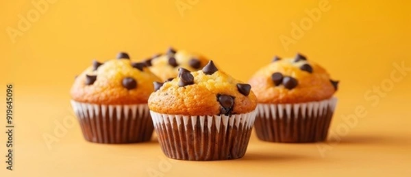 Fototapeta  Three muffins, each topped with chocolate chips, sit against a sunny yellow surface on a yellow backdrop