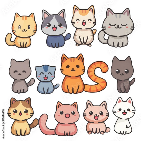 Fototapeta Cute Cats in Different Colors and Breeds. Cat Illustrations Featuring a Variety of Playful Kittens