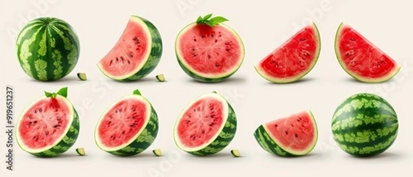 Obraz  A collection of watermelon slices and an intact watermelon against a white backdrop, garnished with a green leaf