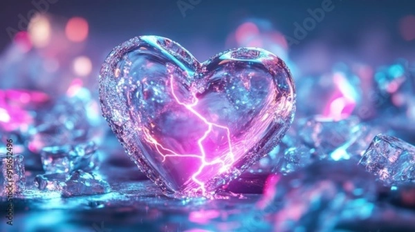 Fototapeta A stunning glass heart with a crack, illuminated by vibrant pink and purple light, set among sparkling ice crystals.