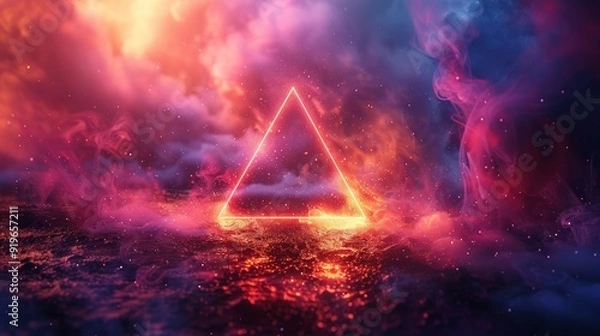 Fototapeta A glowing neon triangle stands out against a dark, cosmic background.