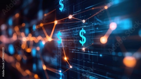 Obraz Abstract digital background showcasing financial data connectivity with dollar symbols and glowing lines representing transactions.