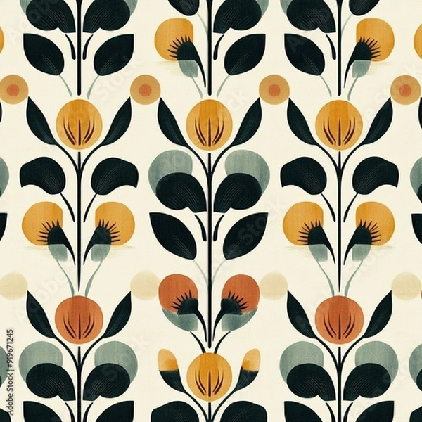 Fototapeta Retro boho pattern with repeating tulip motifs on a cream background