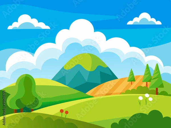 Fototapeta Cartoon landscape with white clouds on sky. Background with cloud and beautiful field, summer green country hill, meadow scene, spring nature land. Vector illustration
