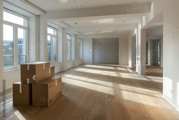 Fototapeta Interior of a modern empty home with moving boxes