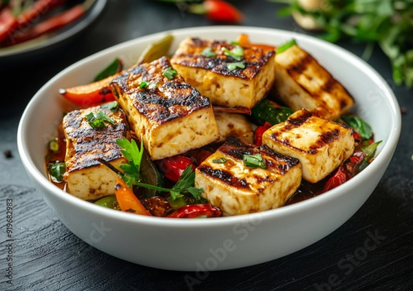 Obraz Tofu grigliato e verdure saltate. Ricette vegane. Cena veloce e sana