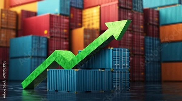 Fototapeta Shipping containers with an upward green arrow indicating increased transportation volumes income growth rising imports and exports and economic development