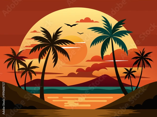 Fototapeta Island sunset landscape. Cartoon silhouette beach scene with palms tree in evening. Panoramic summer season background. Thailand and California horizon Vector concept
