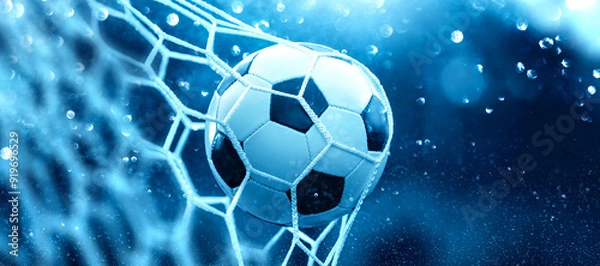 Fototapeta Soccer ball in goal net on blue background