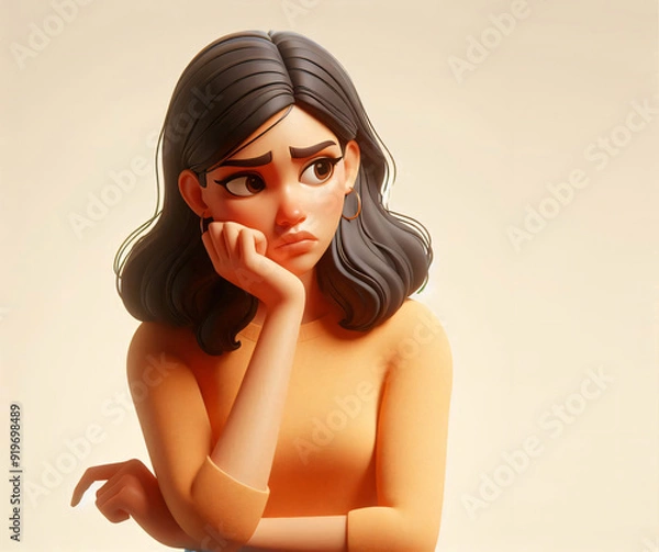 Fototapeta Drawing of a young woman, portrait in 3d style design on light background. Concept of expression of feelings of human people