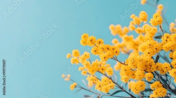Fototapeta Close-up of golden wattle blossoms in the Australian outback macro shot bright daylight sharp focus,Wattle Day