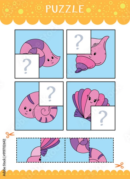 Fototapeta Puzzle for kids. Cut and glue. Find the missing parts of the picture. Vector worksheet of simple educational game
