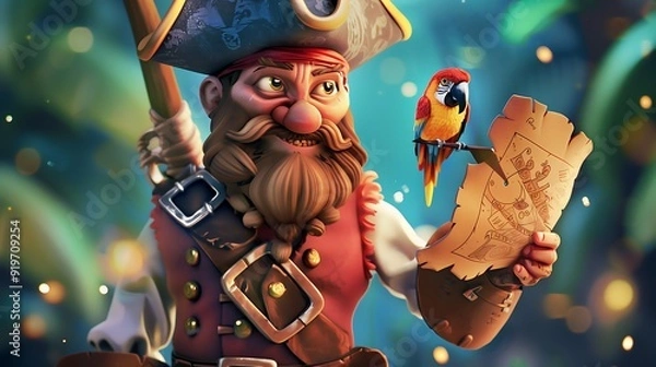 Fototapeta A cartoon pirate with a parrot on his boat, sailing through the ocean, enjoying the adventure with a joyful smile.

