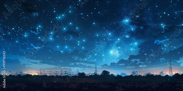 Fototapeta The night sky glows with electricity and internet networks