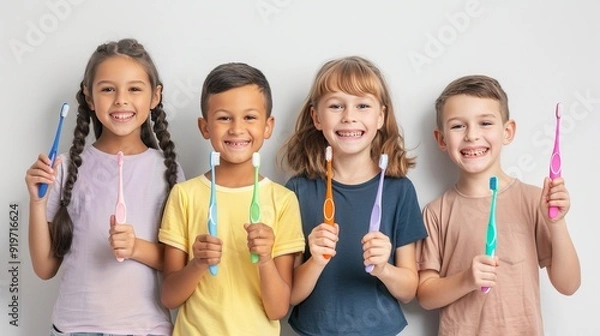 Fototapeta Children holding toothbrushes and smiling group portrait caring for teeth and health