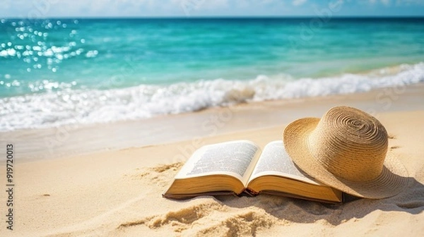 Fototapeta An open book on a sandy beach, with the ocean waves gently rolling in the background and a sunhat placed nearby