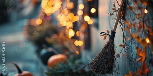 Fototapeta A cozy autumn scene with a broom, pumpkins, and warm lights, perfect for seasonal decor and Halloween vibes.