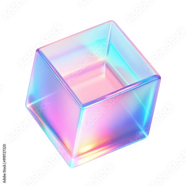 Fototapeta 3D transparent cube with an iridescent surface, reflecting light in vibrant holographic colors and featuring a smooth geometric design. Isolated on transparent background, png.