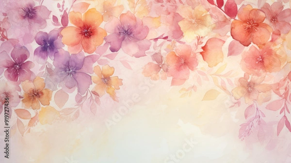 Obraz Soft, pastel floral background. The flowers and leaves are artistically stylized, resembling a watercolor effect. Dreamy aesthetic.
