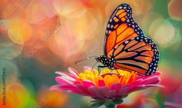 Fototapeta Vibrant monarch butterfly resting on a colorful flower