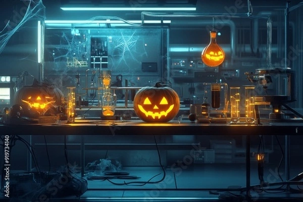 Fototapeta A spooky Halloween lab scene with glowing pumpkins, beakers, and a broken window.