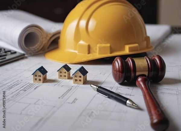 Fototapeta Labor and Construction law concept. judge gavel on building blueprint plans with a safety helmet and building model. Paper sheet with pen on wooden table. Agreement on construction law. home insurance