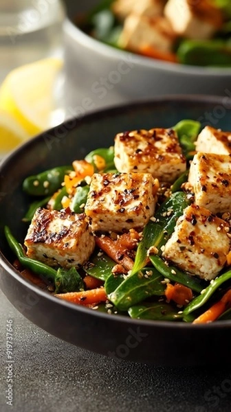 Fototapeta Vegetarian stirfry with Australian bush beans, carrots, and tofu, seasoned with native lemongrass, served on a colorful ceramic plate with a side of lemon aspen wedges
