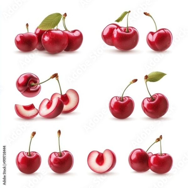 Fototapeta A collection of fresh, ripe cherries, whole and halved, isolated on a white background.