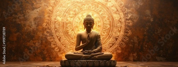 Fototapeta Buddha statue with mandala background, glowing light effect on dark brown color background, high resolution photography