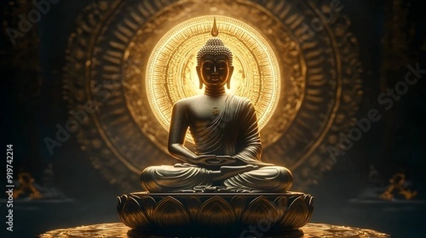 Fototapeta Buddha statue with mandala background, glowing light effect on dark brown color background, high resolution photography
