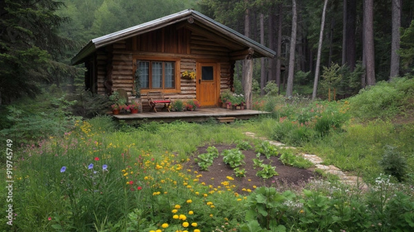 Fototapeta 7. Rustic log cabin in the woods with a small vegetable garden, wooden deck, and wildflowers growing around