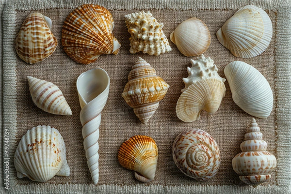Fototapeta A Vibrant Collection of Seashells Gracefully Arranged on a Natural Textured Towel—A Perfect Beachside Display.