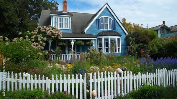 Fototapeta 50. Cape Cod house with a nautical garden, seashells, and a white picket fence