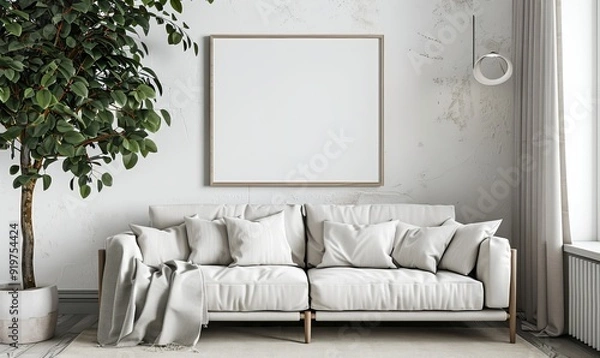 Obraz In this mockup of an interior poster, the vertical space has been blanked out and there is a sofa and a tree in a room with white walls