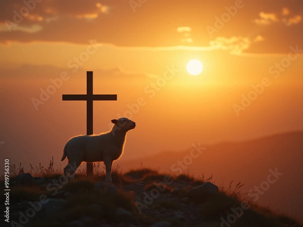 Obraz Concept of resurrection of Jesus Christ lamb of God in front with cross in background and sunset