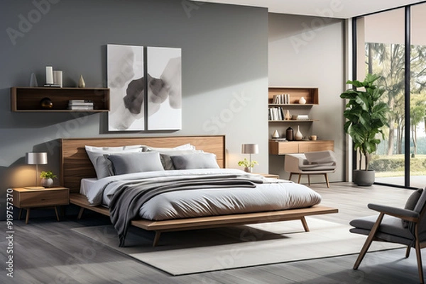 Fototapeta A minimalist modern bedroom with a calming gray color palette, featuring a sleek wooden bed, simple yet elegant decor, and cozy seating area.