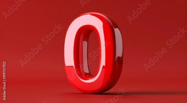 Fototapeta A sleek and visually appealing 3D representation of the number zero, presented in a vibrant shade of red with a glossy finish, is set against a contrasting and equally vibrant red background