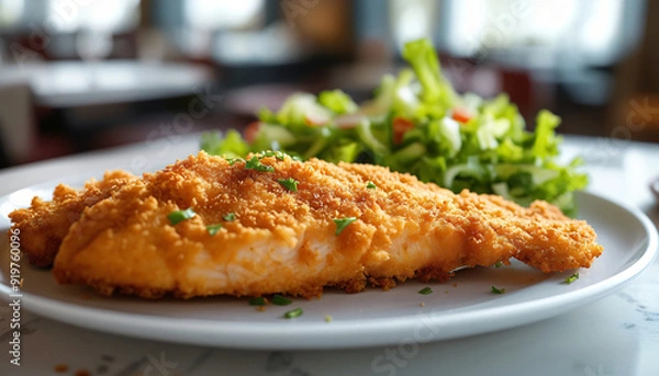 Fototapeta Close-up of a plate of breaded fish with salad under a table.