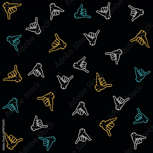 Fototapeta Pattern of palm trees, waves, spots and beach and surf symbols for holiday season, hot summer, welcome to vacation and beach fun.
