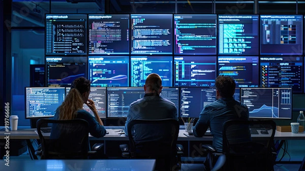 Obraz Team of programmers working together in a high-tech control room