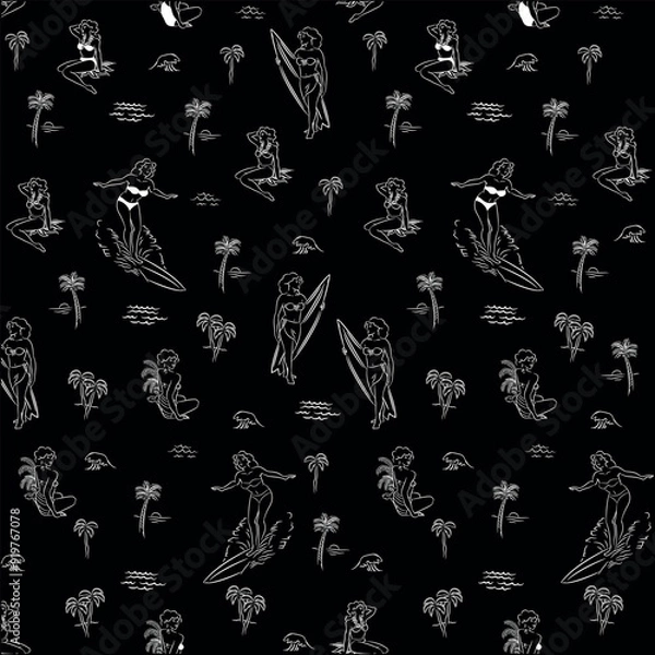 Fototapeta Pattern of palm trees, waves, spots and beach and surf symbols for holiday season, hot summer, welcome to vacation and beach fun.